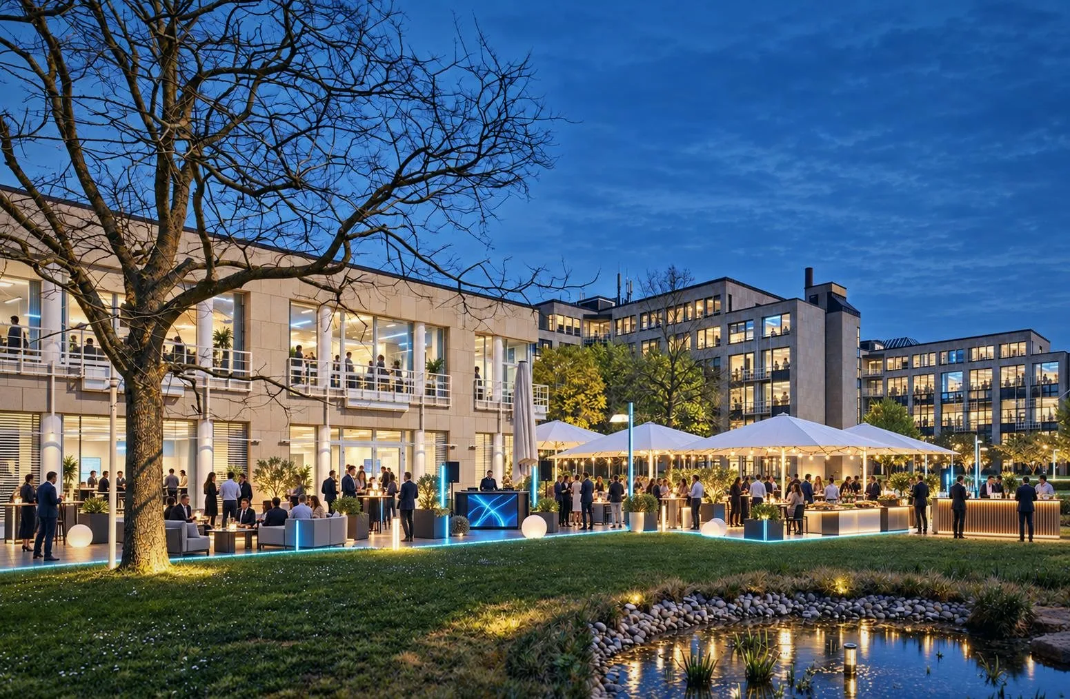 Abendempfang auf der Piazza der Sternhöhe, beleuchtete Gebäude und Wasserbecken